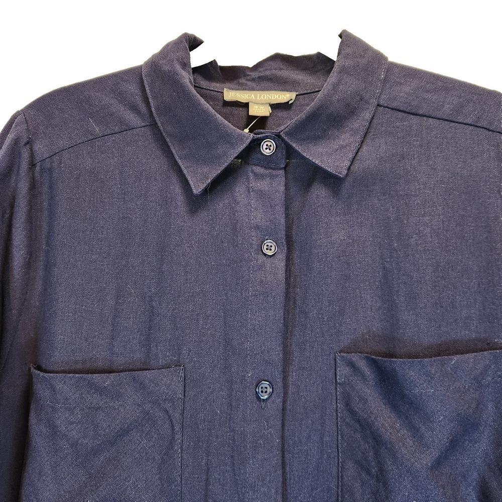 Jessica London Hi-Low Linen Blend Tunic Women`s Sz 18W Navy Blue Roll Tab Sleeve - Picture 4 of 10